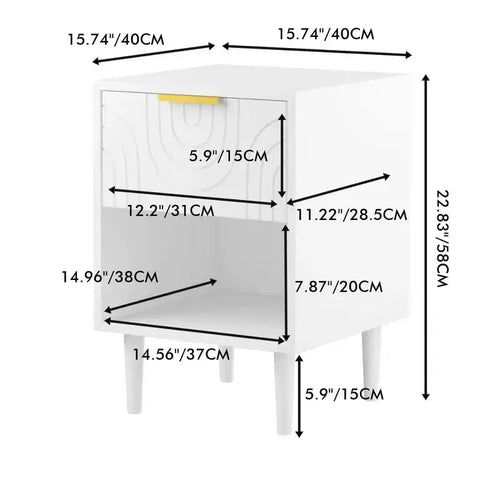 Comodino moderno da 57,99 cm con un ampio cassetto e ripiano aperto, maniglia decorativa dorata, per camera da letto e soggiorno, bianco