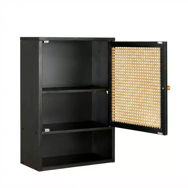 Mobiletto da parete per bagno, Mobiletto contenitore sopra il WC, in bambù, con ante in rattan e ripiano regolabile, per soggiorno