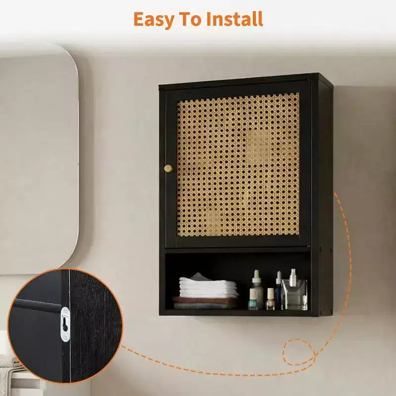 Mobiletto da parete per bagno, Mobiletto contenitore sopra il WC, in bambù, con ante in rattan e ripiano regolabile, per soggiorno