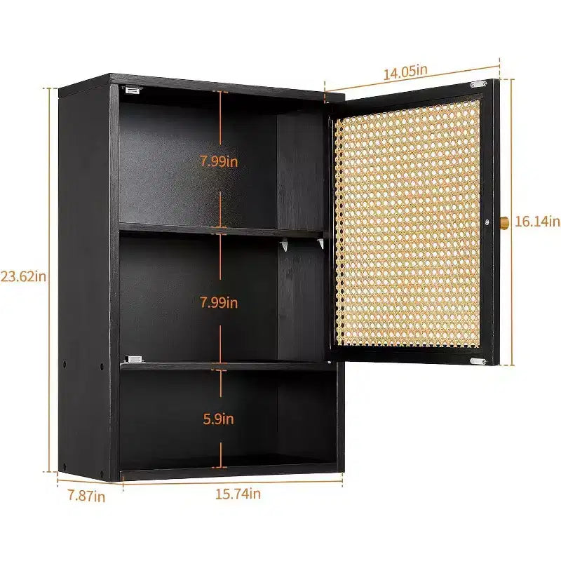 Mobiletto da parete per bagno, Mobiletto contenitore sopra il WC, in bambù, con ante in rattan e ripiano regolabile, per soggiorno