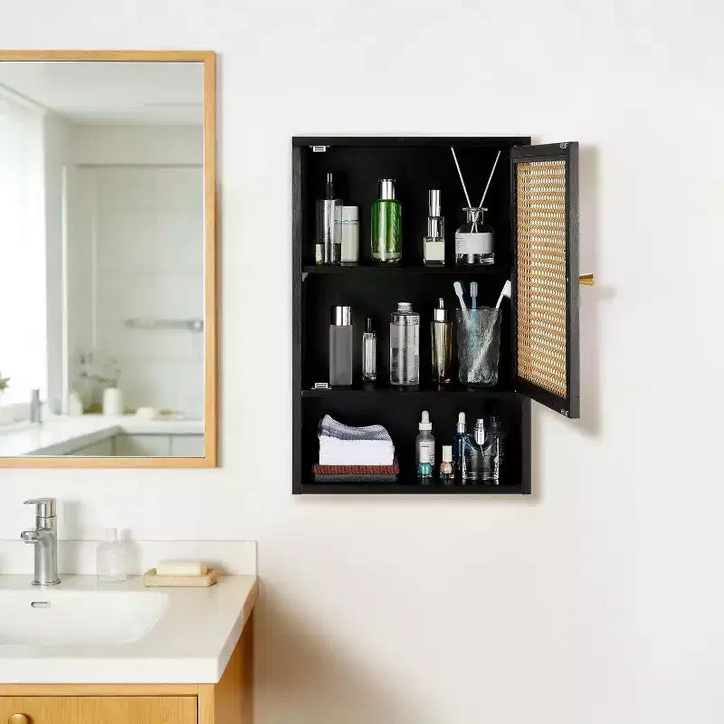 Mobiletto da parete per bagno, Mobiletto contenitore sopra il WC, in bambù, con ante in rattan e ripiano regolabile, per soggiorno