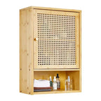 Mobiletto da parete per bagno, Mobiletto contenitore sopra il WC, in bambù, con ante in rattan e ripiano regolabile, per soggiorno
