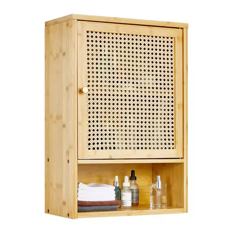 Mobiletto da parete per bagno, Mobiletto contenitore sopra il WC, in bambù, con ante in rattan e ripiano regolabile, per soggiorno