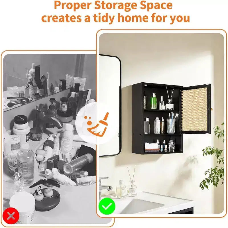 Mobiletto da parete per bagno, Mobiletto contenitore sopra il WC, in bambù, con ante in rattan e ripiano regolabile, per soggiorno