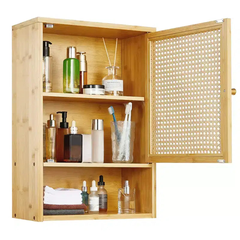 Mobiletto da parete per bagno, Mobiletto contenitore sopra il WC, in bambù, con ante in rattan e ripiano regolabile, per soggiorno