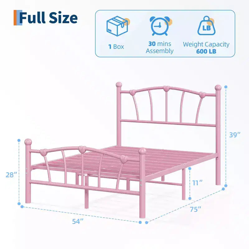 Struttura Letto Matrimoniale in Metallo a Cuore con Testiera e Pediera, Design a Piattaforma con Robusto Supporto a Doghe e Spazio Contenitore Sotto il Letto per Camera da Letto