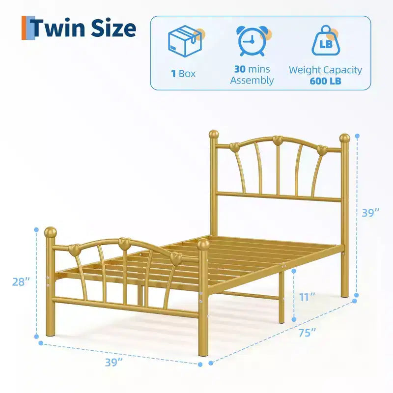 Struttura Letto Matrimoniale in Metallo a Cuore con Testiera e Pediera, Design a Piattaforma con Robusto Supporto a Doghe e Spazio Contenitore Sotto il Letto per Camera da Letto