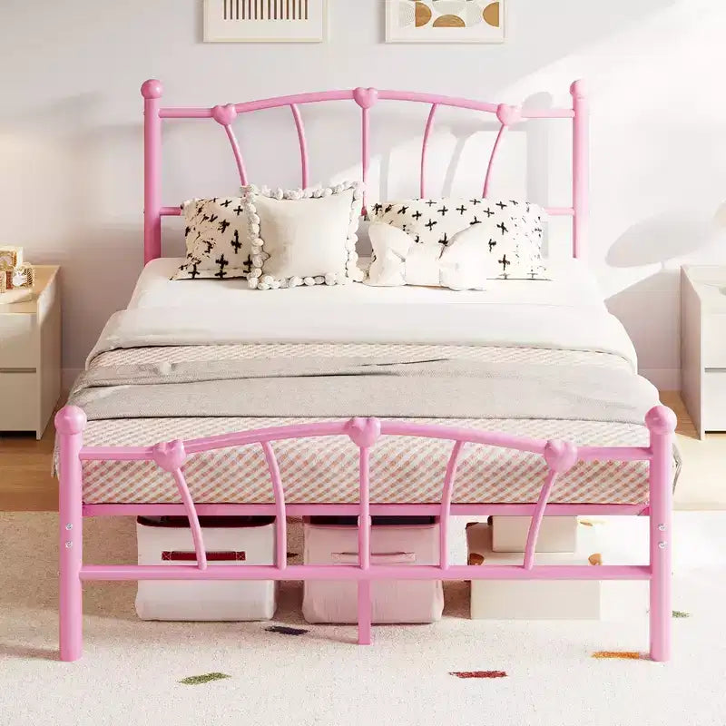 Struttura Letto Matrimoniale in Metallo a Cuore con Testiera e Pediera, Design a Piattaforma con Robusto Supporto a Doghe e Spazio Contenitore Sotto il Letto per Camera da Letto