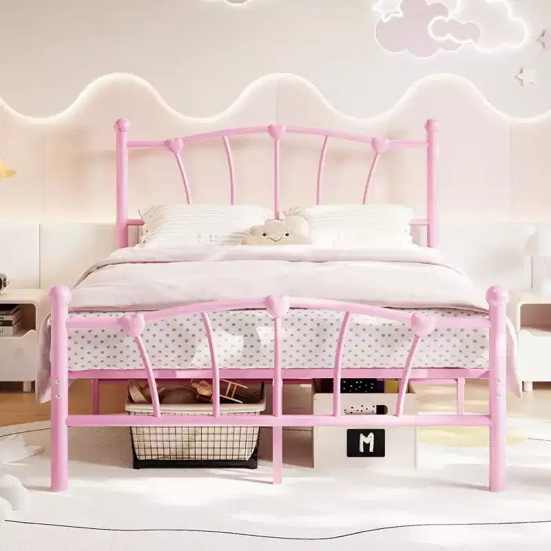 Struttura Letto Matrimoniale in Metallo a Cuore con Testiera e Pediera, Design a Piattaforma con Robusto Supporto a Doghe e Spazio Contenitore Sotto il Letto per Camera da Letto