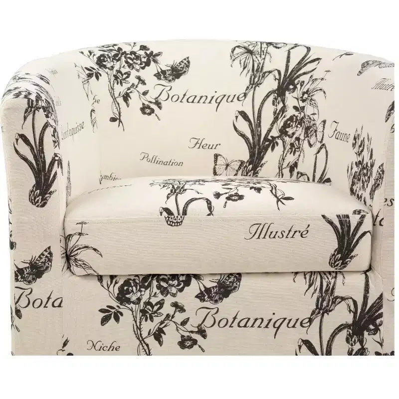 Poltrona a pozzetto con schienale a botte Everett in tessuto con motivo script vintage e poggiapiedi